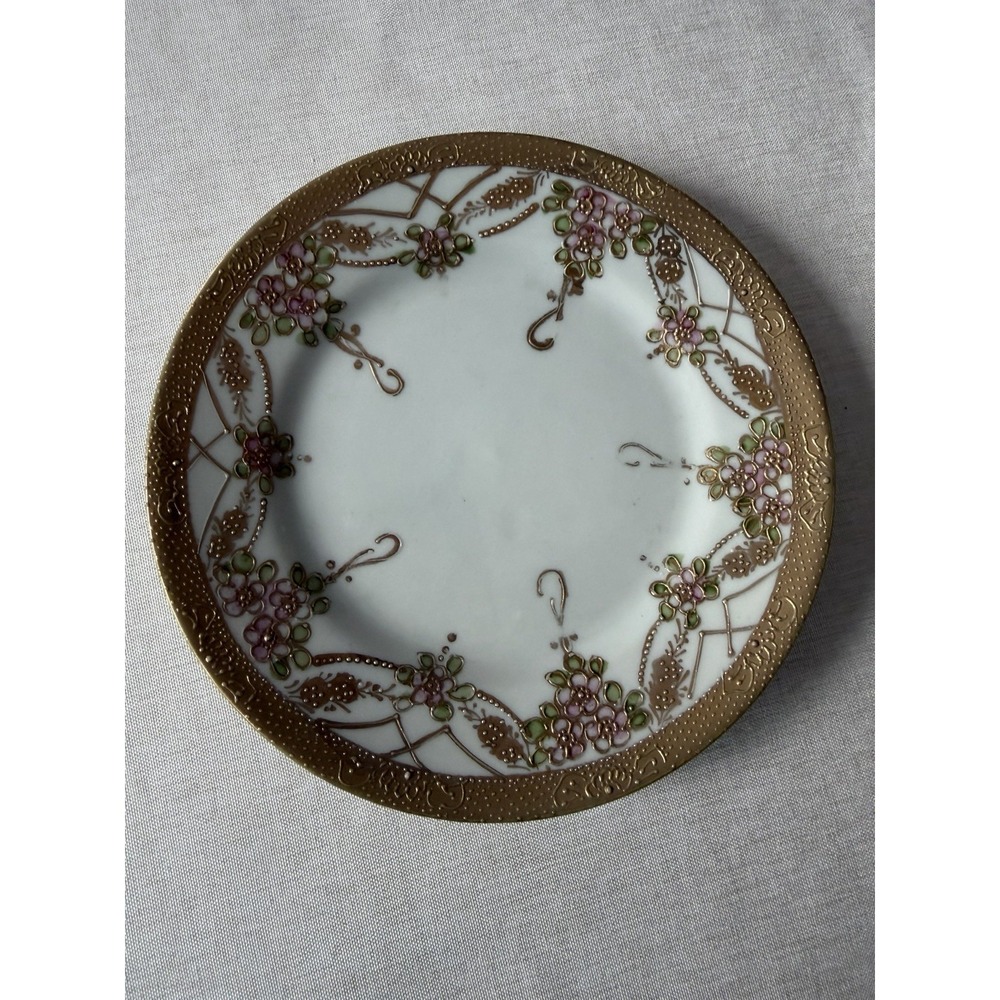 Antique Nagoya Shofu‎ Nippon Hand Painted Plate Floral Gold Gilt 7"